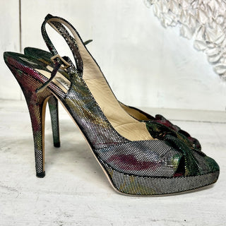 Jimmy Choo Textured Suede Metallic Peep Toe Slingback Stilettos Pumps Multi 38.5