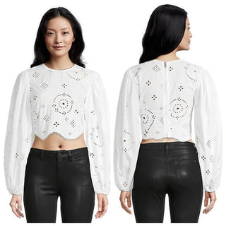 GANNI Broderie Anglaise Long Sleeve Cropped Blouse Bright White Women's 40 US 8