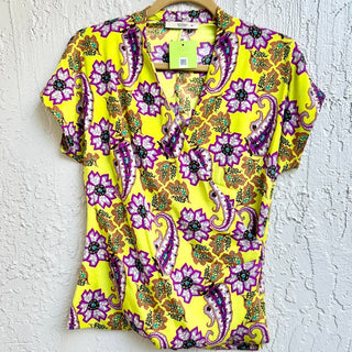 ETRO Short Sleeve Floral Print V Neck Top Blouse Yellow Purple Women's 42 / US 6