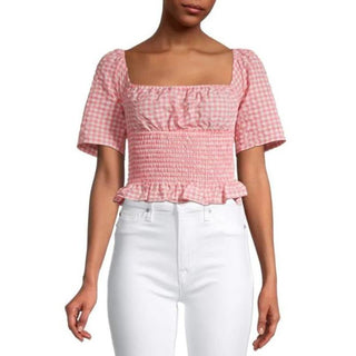 NWT BCBG GENERATION Gingham Ruffle Smocked Cropped Top Coral Pink Women's Small