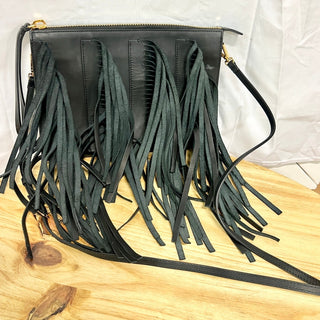 NWT Marni Fringe Black Leather Zip Crossbody Shoulder Oversize Clutch Bag