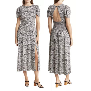 NWT AFRM Lala Snakeskin Puff Sleeve High-Neck A-Line Midi Dress Gray Women's M