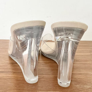 NWOT Femme LA Transparent Slide Wedge Heels Sandal Beige Women's Size 38 / 7.5