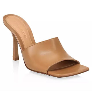 NWT Bottega Veneta Leather Slip On Wide Strap Heeled Mules Nude Womens 40 / US 9