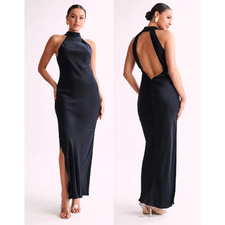 Meshki Claire Satin Halter Neck Drape Back Maxi Dress with Split Black Womens XS