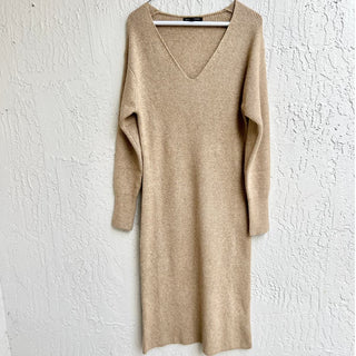 Banana Republic Long Sleeve Ribbed Knit V Neck Midi Dress Beige Women's Size XS