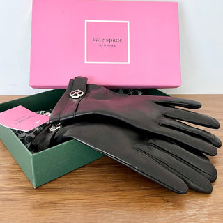 NWT Kate Spade Leather Flower Buckle Logo Gloves Black Women's Size M