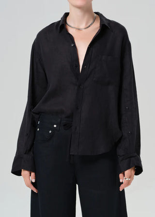 Citizens of Humanity Kayla Shrunken Linen Button-Down Shirt Black Women's Small