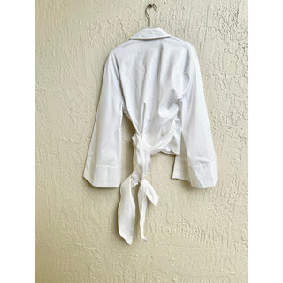 Zara Long Flare Sleeve Collared Wrap Tie Waist Blouse Top White Women's Size S