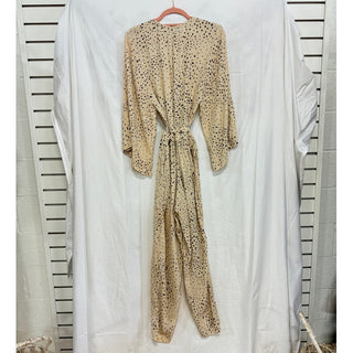 NWT Olivaceous Polka Dot 3/4 Sleeve Tie Waist Jumpsuit Beige/Black Womens Size M