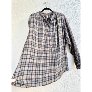 Free People Long Sleeve Checked Plaid Henley Top Shirt Multicolor Women's Large