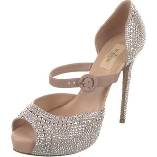 Valentino Garavani Microstud Peep Toe Mary Jane Pump Sandals Silver/Tan 37.5/7.5