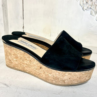 Jimmy Choo Dee Dee Suede Cork Wedge Platform Slide Sandals Black Women's Size 39