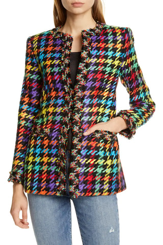 NWT Alice + Olivia Andreas Frayed Houndstooth Tweed Blazer Black Multi Womens XL