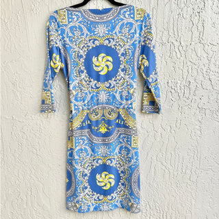 J. McLaughlin 3/4 Sleeve Printed Boat Neck Waist Tie Midi Dress Blue Women's XS