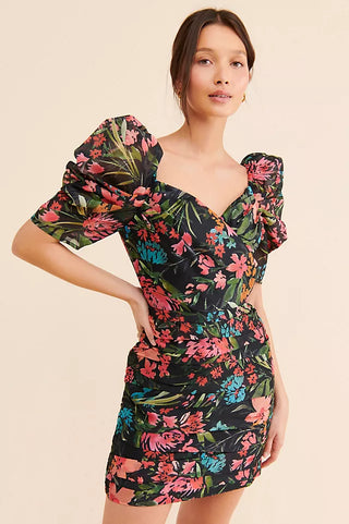 C/Meo Collective Tropical Floral Puff Sleeve Mini Dress Black Multi Womens Small