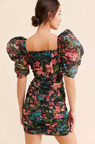 C/Meo Collective Tropical Floral Puff Sleeve Mini Dress Black Multi Womens Small