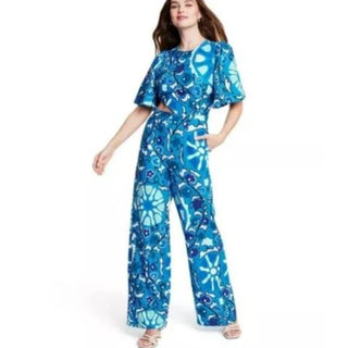 RHODE x Target Zinnia Floral Print Bell Sleeve Cut Out Jumpsuit Blue Women's XL