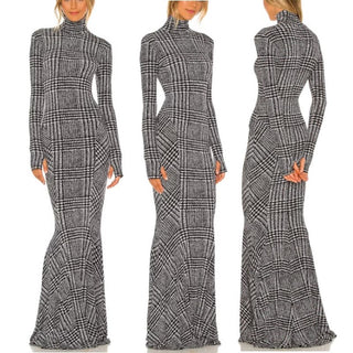 NWOT Norma Kamali Plaid Turtleneck Evening Maxi Dress Black White Women's M / 38