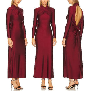 NWT Camila Coelho Crisscross Mock Neck Satin Telma Maxi Dress Burgundy Women XS