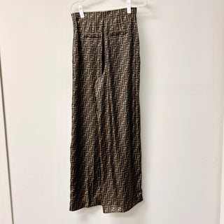 Fendi FF Logo 100% Silk High Waisted Wide Leg Trouser Pants Brown Women's Size 6