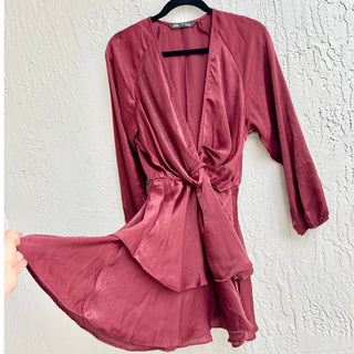 Zara Balloon Sleeve Satin Silky Ruffle Mini Dress Burgundy Women's Size Small