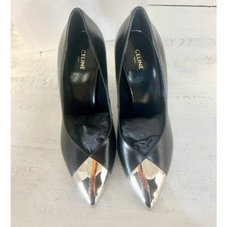 NIB $1.200 Celine Triangle Heel Metallic Toe Leather Pump Black Women's Sz 35.5