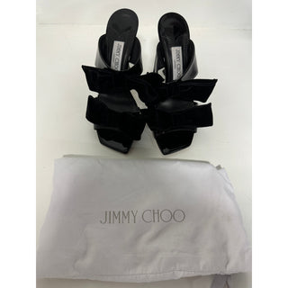 Jimmy Choo Flaca Velvet Bow Patent-Leather Mules Sandals Black Women's 39 / 8.55