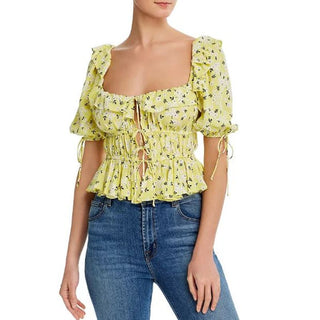 NWOT For Love & Lemons Puff Sleeve Chrysanthemum Crop Top Yellow Women's Medium