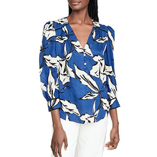 Veronica Beard Milan Floral Print Silk V-Neck Top Blouse Blue Women's Size 6