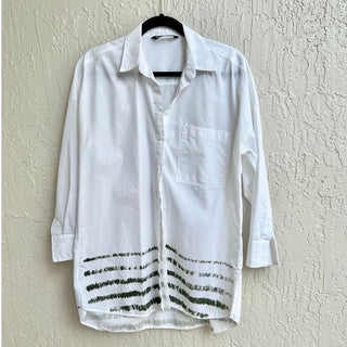 Zara Hi Low Hem Oversized Green Painted Stripe Button Down Shirt White Womens M