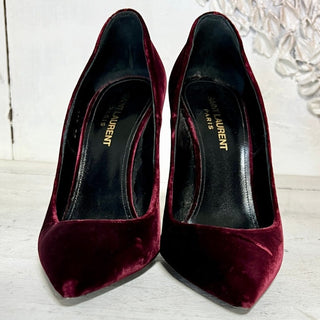 Saint Laurent YSL Anja 105 French Velvet Stilettos Pump Burgundy Women's 36.5