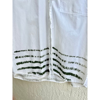 Zara Hi Low Hem Oversized Green Painted Stripe Button Down Shirt White Womens M