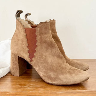 Chloe Lauren Scalloped Suede Ankle Block Boots Light Brown Women's Size 38.5