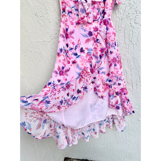 Allison Hi Low Hem Ruffle Floral Print Ophelia Midi Wrap Dress Pink Women's Sz 0