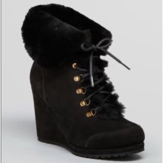 NWT L.K. Bennett Cecily Suede Shearling Ankle Wedge Boots Black Women's 38.5