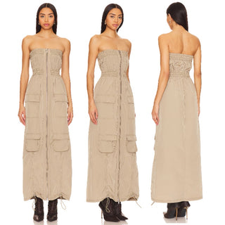 NWT H:OURS Emerson Strapless Full Zip Cargo Maxi Dress Faded Khaki Women's XS