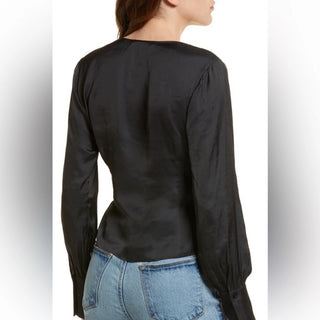 FRAME Shirred Long Sleeve V-Neck Peplum Hem Blouse Top Black Women's Small