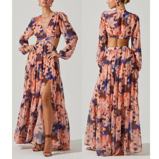 ASTR the Label Lively Floral Plunging V-Neck Cutout Maxi Dress Brown Coral Small