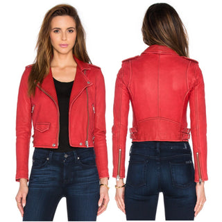 IRO Ashville Leather Long Sleeve Asymmetrical Zip Biker Moto Jacket Red 38 US 6