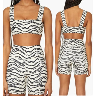 WeWoreWhat Tiger Striped Bandeau Bra Top & Biker Shorts Set White/Black Womens S