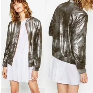 Zara Silver Metallic Long Sleeve Full Zip Bomber Jacket Green Brown Women's XS