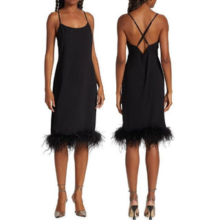 Amanda Uprichard Marianna Feather Trim Knee Length Dress Black Women's Small