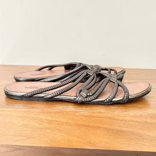 Alaia Paris Gunmetal Leather Slip On Flat Sandal Women's Open Toe Size US 8