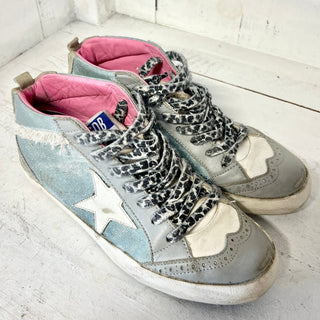 Golden Goose Mid Star Canvas/Leather Lace Up Sneakers Light Blue Women's 38 / 8