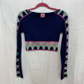 Bea Printed Long Sleeve Fitted Ribbed Crop Top Blue/Green/Pink Women's XS / S