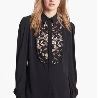 Diane Von Furstenberg Lucia Lace Trimmed Silk Tunic Top Black Women's Size 8