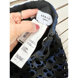 NWT Akris Punto Eyelet Laser Cut Lace Layered Mini Skirt Nero-Blu Mare Women's M