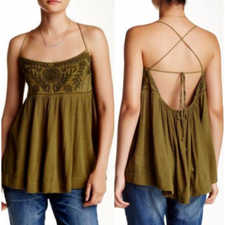 Free People Blackbird Embroidered Spaghetti Strap Tank Top Moss Green Women's XS