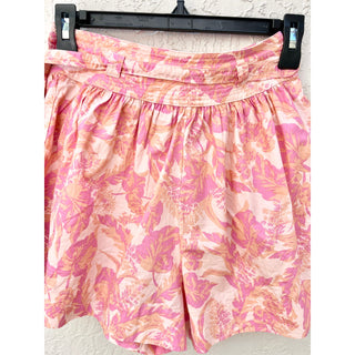 OLIVACEOUS Puff Sleeve Crop Top & Floral Wrap Belt Shorts Set Pink Women's Small